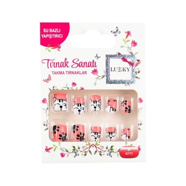 Lukky Kedi Baskılı Yapışkanlı Takma Tırnak Seti